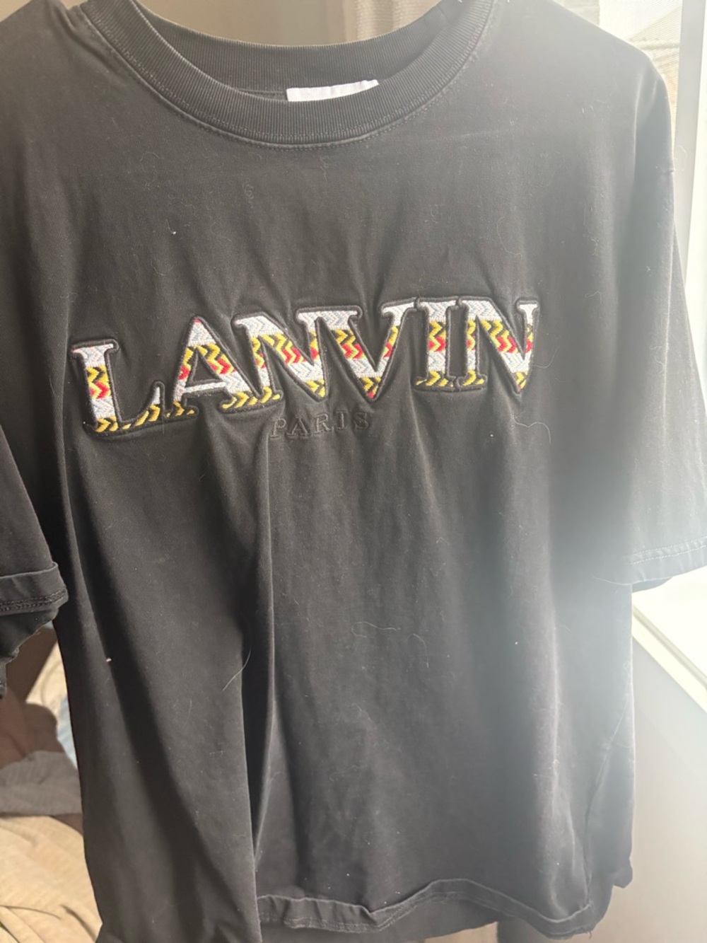 Lanvin Black Short Sleeve Tee with Multicolor Embroidered Logo